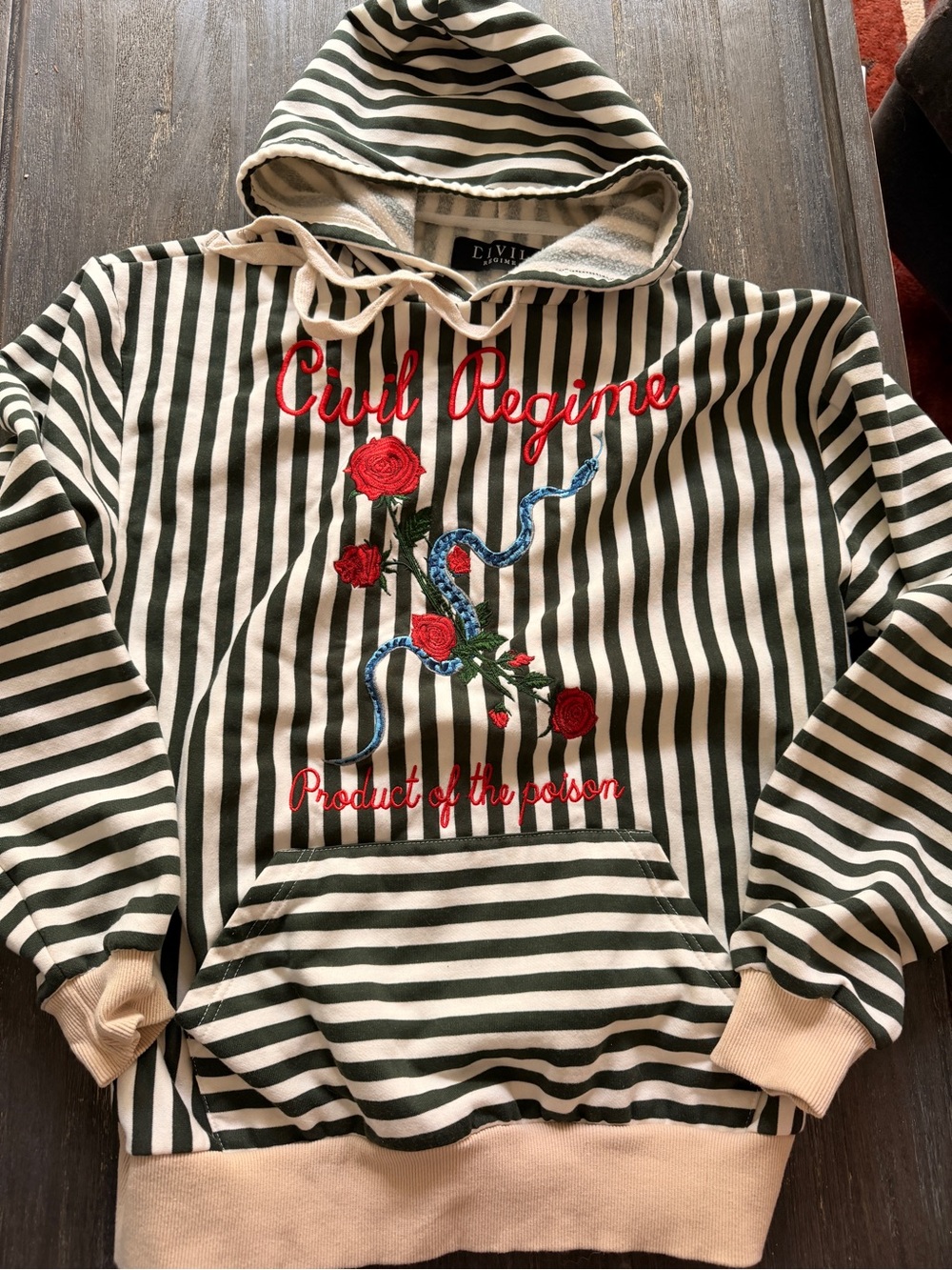 Civil Regime Green & White Striped Hooded Sweatshirt with Embroidered Roses sz M